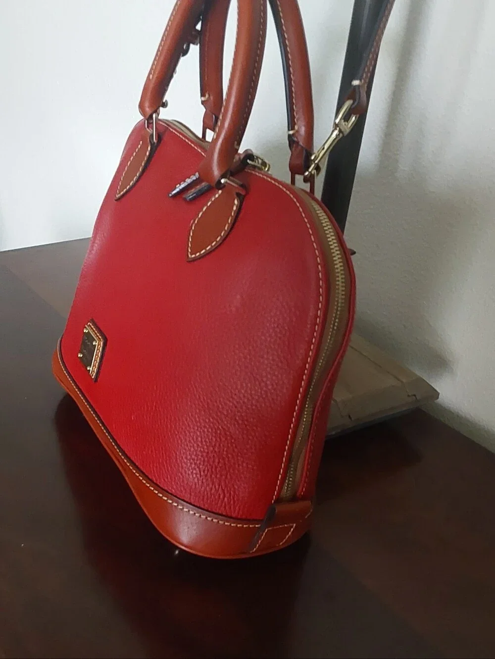 Dooney & Bourke Red Leather Satchel‎ with Tan Trim and Gold Hardware